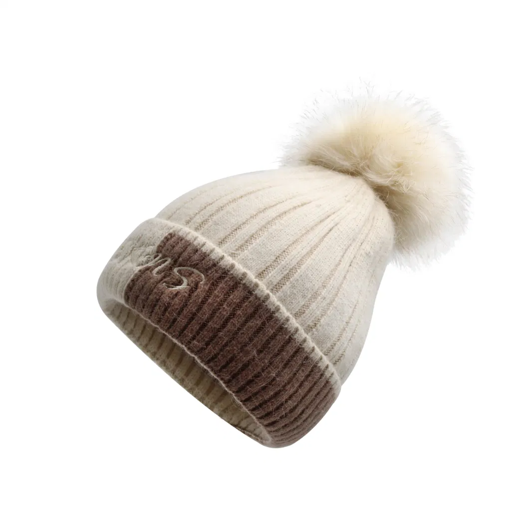 Winter Multicolor Stripe Ski Beanie with Faux Fur POM for Ladies