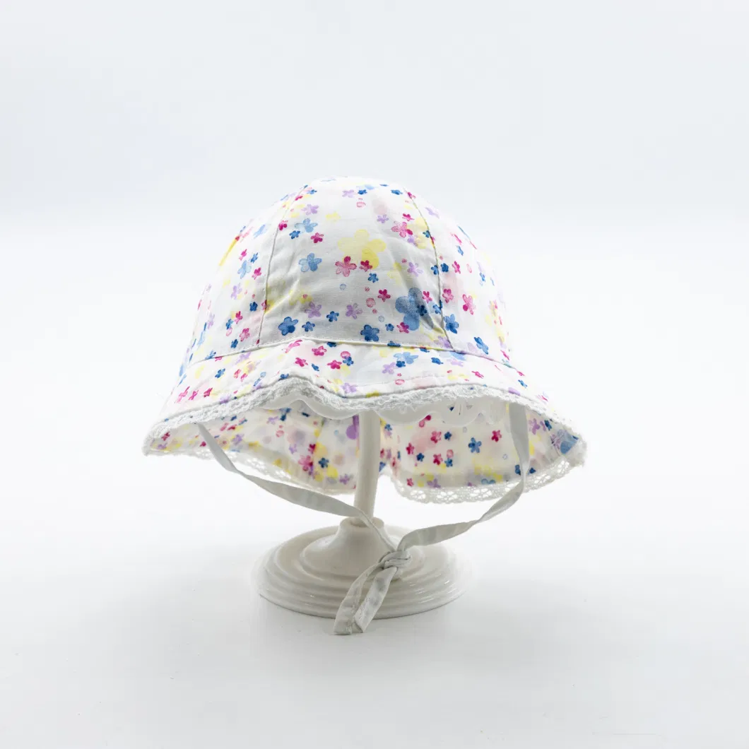 Simple Child Woven Hat Flower Print Buket Hat Cotton Baby Hat