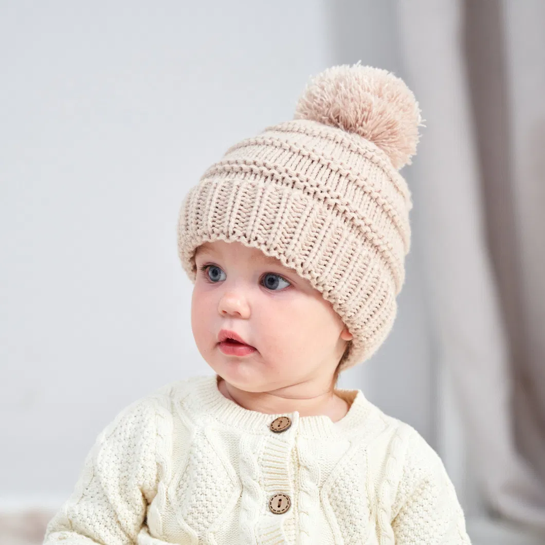 Customized High Quality New Born Baby Children POM POM Baby Ear for Girls Wool Winter Hats Knit Beanie